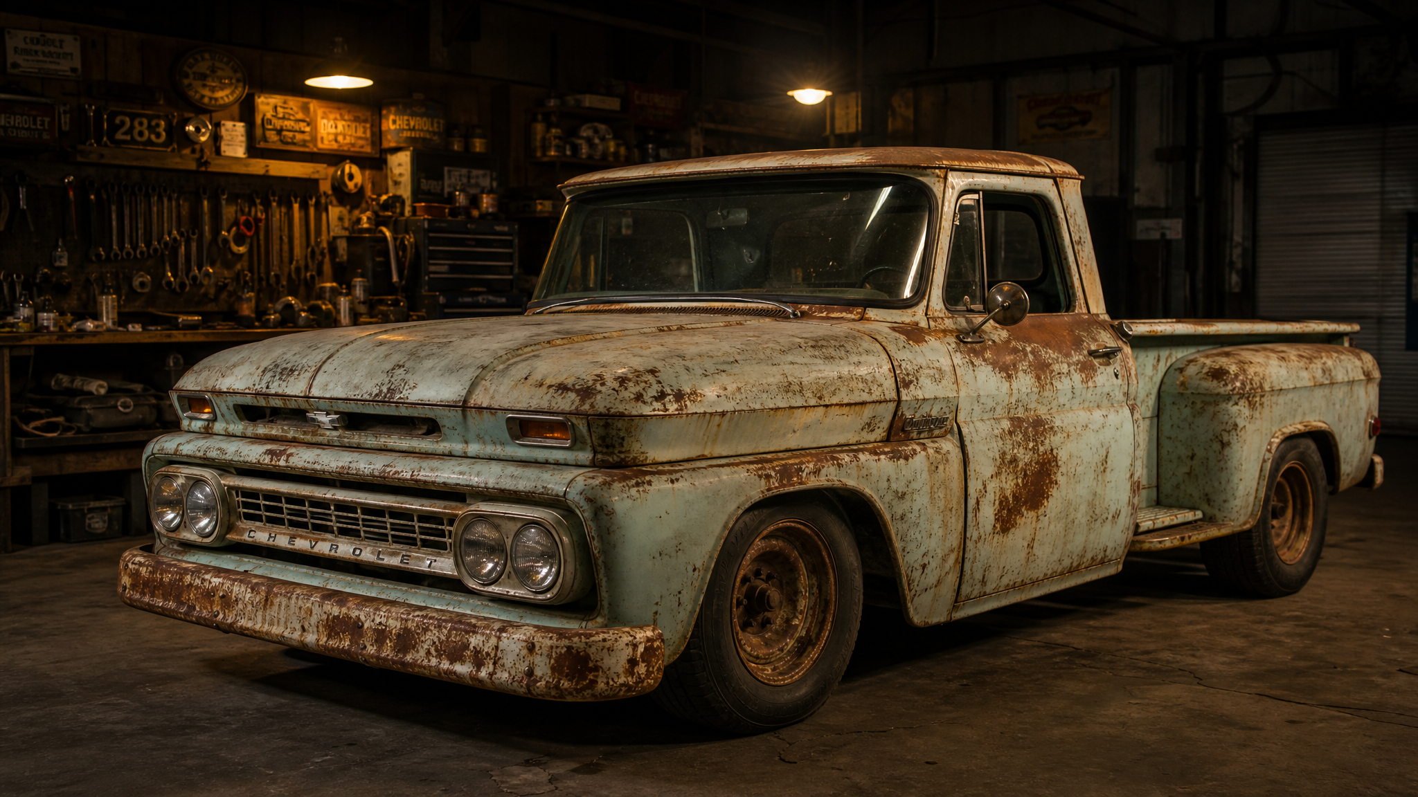 Classic pickup with rust patina in a dimly lit restoration garage
